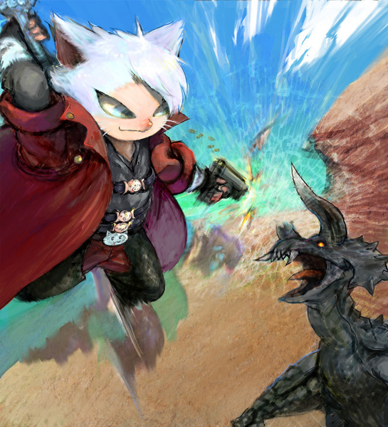 diablos, felyne, capcom, devil may cry (series), monster hunter (series), 1boy, battle, cat, cosplay, dante (cosplay), gun, long coat, parody, smile, sword, weapon
