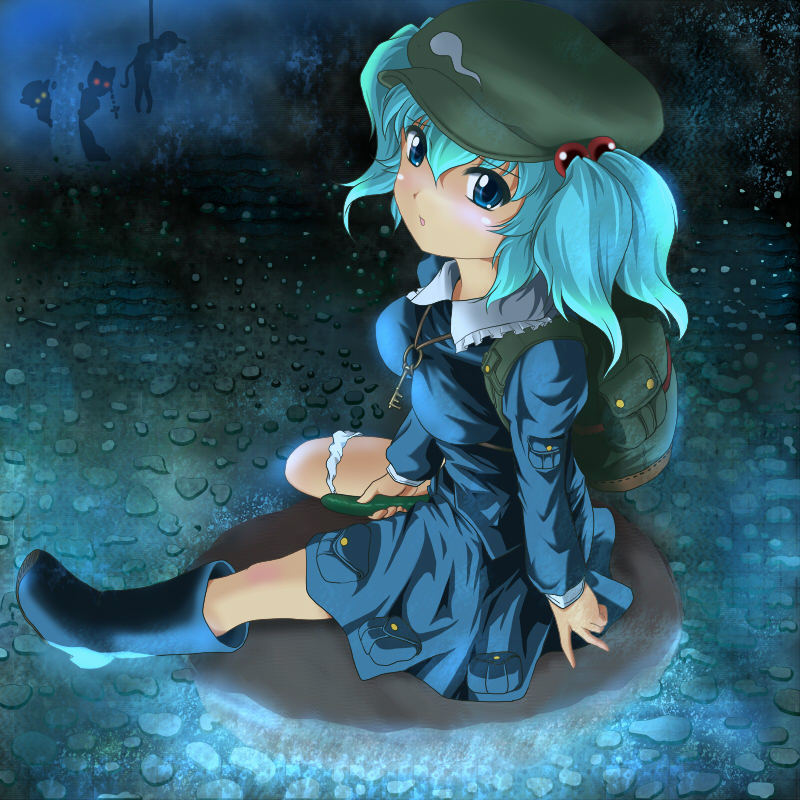 wancozow, chen, kaenbyou rin, kawashiro nitori, nazrin, touhou, bad id, bad pixiv id, 1girl, backpack, bag, blue eyes, blue hair, blue panties, blush, boots, cucumber, dildo, female focus, female masturbation, food, food insertion, glowing, glowing eyes, hair bobbles, hair ornament, hat, key, masturbation, matching hair/eyes, object insertion, panties, panties around leg, randoseru, sex toy, short hair, solo, stalking, twintails, two side up, underwear, vaginal, vaginal object insertion