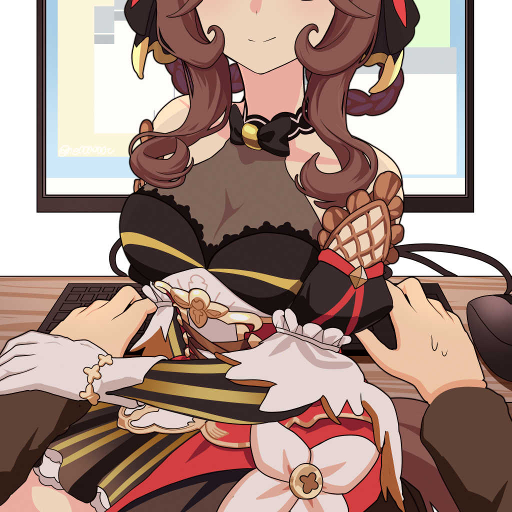 nieto tokage, gentildonna (regina dei fiori) (umamusume), gentildonna (umamusume), umamusume, 1boy, 1girl, bare shoulders, braid, braided hair rings, breasts, brown hair, closed mouth, computer keyboard, computer mouse, gloves, hair rings, head out of frame, holding another's wrist, horse girl, large breasts, long hair, see-through cleavage, see-through clothes, sidelocks, sitting, sitting on lap, sitting on person, smile, white gloves