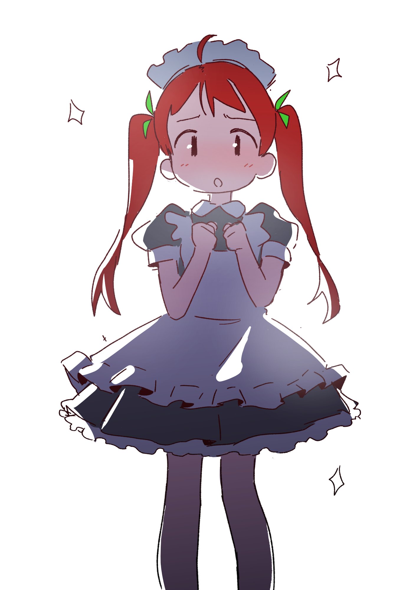 orenjipiiru, original, highres, 1girl, ahoge, apron, black dress, blush, dress, frills, long hair, maid, maid headdress, pantyhose, puffy short sleeves, puffy sleeves, short sleeves, solo, sparkle, sparkle background, twintails, white background