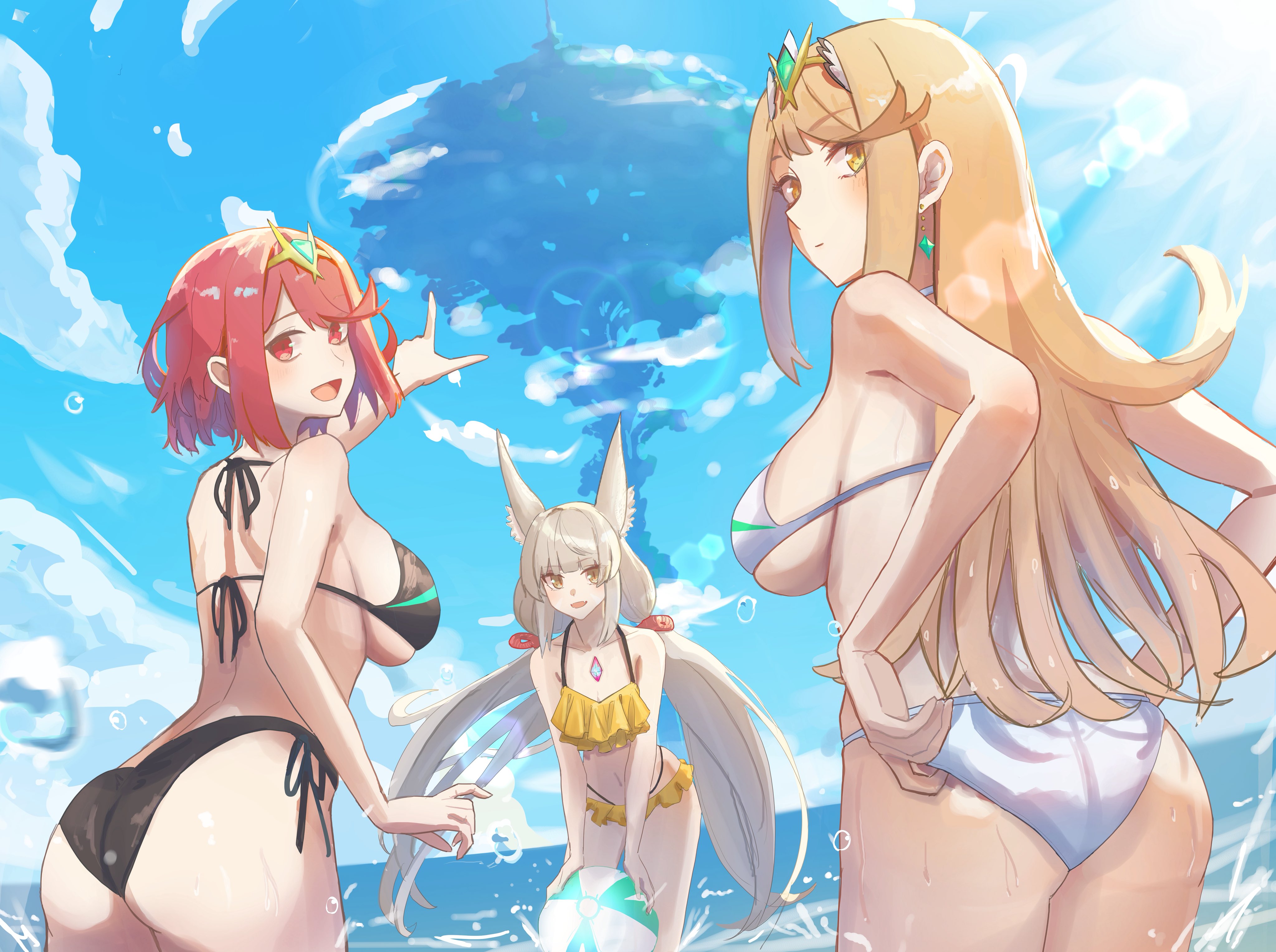 amausa subee, mythra (xenoblade), nia (xenoblade), pyra (xenoblade), xenoblade chronicles (series), xenoblade chronicles 2, absurdres, commentary request, highres, revision, 3girls, adjusting clothes, adjusting swimsuit, animal ear fluff, ass, ball, beachball, bikini, blue sky, blush, bob cut, breasts, cloud, grey hair, halterneck, in-universe location, large breasts, long hair, looking at viewer, looking back, multiple girls, pointing, red eyes, red hair, side-tie bikini bottom, sky, smile, string bikini, swimsuit, tiara, tree, very long hair, wading, wet