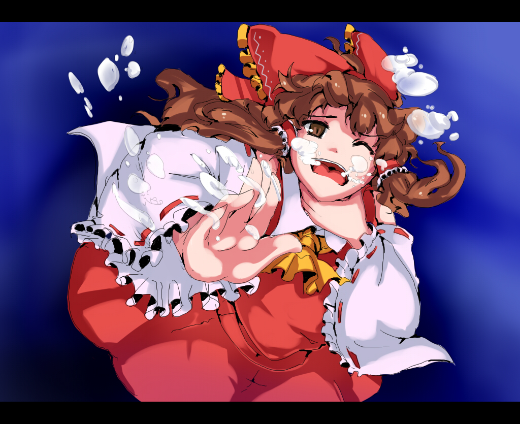 magukappu, hakurei reimu, touhou, 1girl, air bubble, asphyxiation, breath, bubble, detached sleeves, drowning, female focus, letterboxed, solo, struggling, underwater