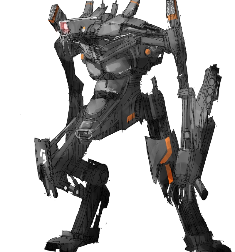 ueda sanagi, district 9, armor, mecha, no humans, power armor, robot, rocket launcher, science fiction, simple background, solo, weapon, white background