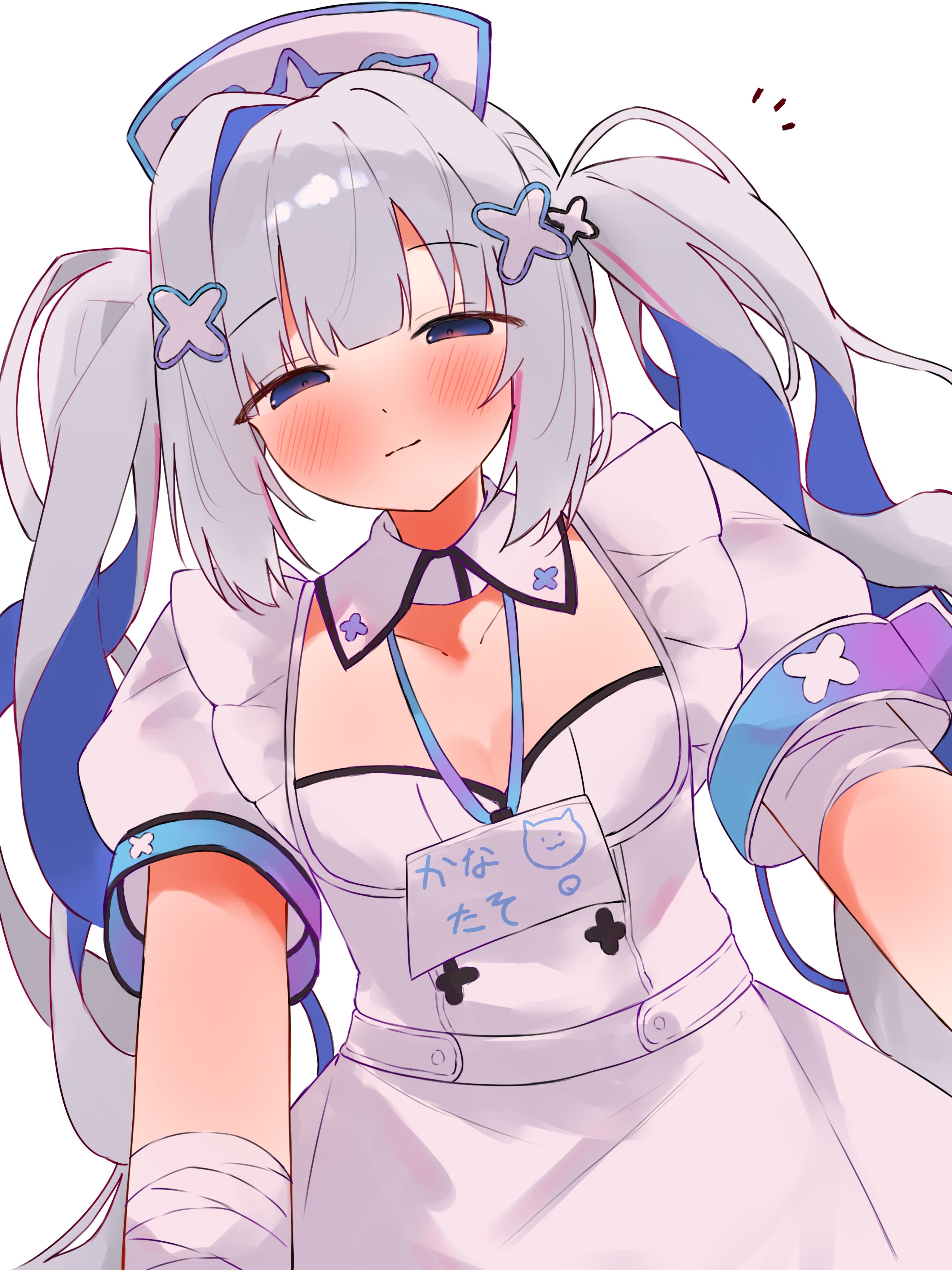 tepenchi, amane kanata, amane kanata (nurse), hololive, absurdres, commentary request, highres, 1girl, bandaged arm, bandages, blue hair, blush, breasts, closed mouth, collar, detached collar, dress, grey hair, hat, id card, long hair, looking at viewer, nurse cap, official alternate costume, purple eyes, small breasts, solo, twintails, very long hair, virtual youtuber, white collar, white dress