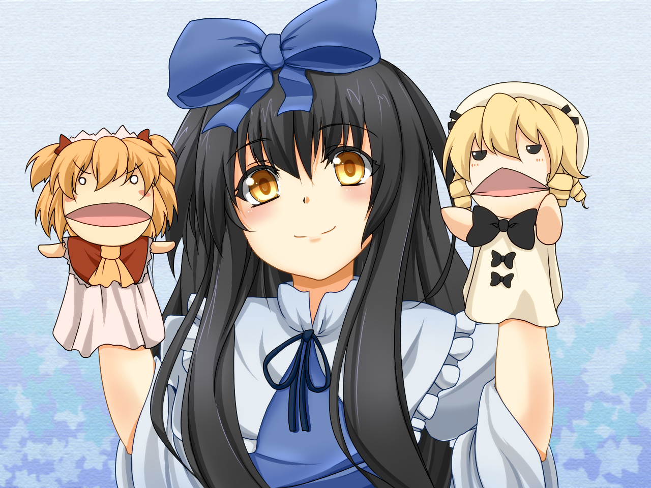 kamo (yokaze), luna child, star sapphire, sunny milk, perfect memento in strict sense, touhou, 1girl, black hair, character doll, doll, female focus, puppet, solo, yellow eyes
