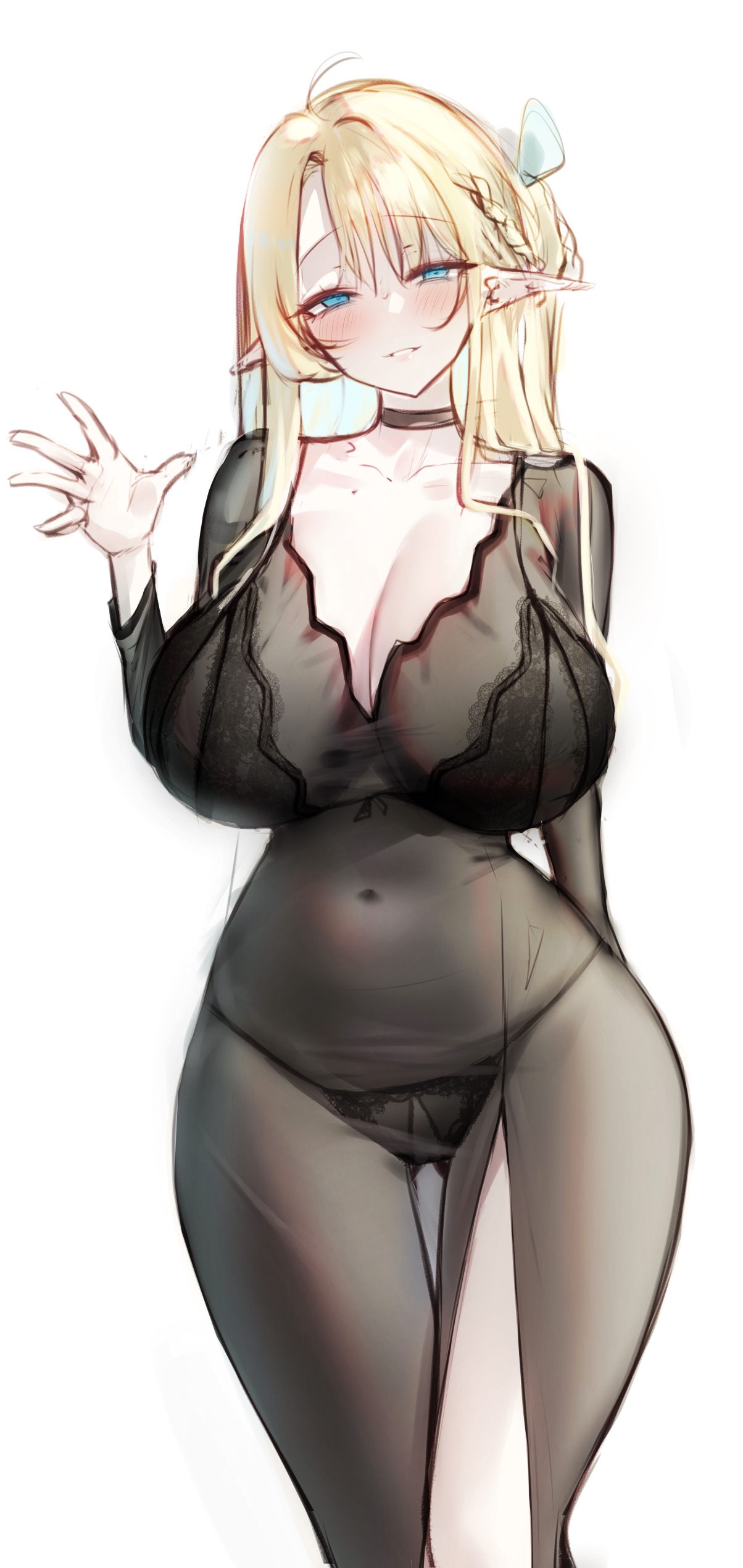 geonjeonji, original, absurdres, commentary, commentary request, english commentary, highres, korean commentary, mixed-language commentary, 1girl, ahoge, arm behind back, black bra, black choker, black dress, black panties, blonde hair, blue eyes, blue ribbon, blush, bra, braid, breasts, choker, cleavage, collarbone, cowboy shot, crotchless, crotchless panties, cupless bra, dress, elf, gluteal fold, grin, hair between eyes, hair ribbon, half-closed eyes, hand up, huge breasts, lace, lace bra, lace panties, lingerie, long pointy ears, long sleeves, looking at viewer, navel, open hand, panties, parted lips, pointy ears, ribbon, see-through clothes, see-through dress, side braid, side slit, sidelocks, simple background, smile, solo, standing, thigh gap, underwear, white background
