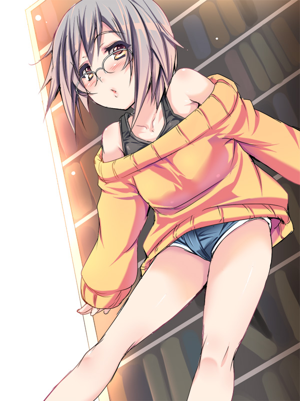 shiranagi, nagato yuki, suzumiya haruhi no yuuutsu, 1girl, armpits, bare legs, bare shoulders, blush, book, bookshelf, breasts, denim, denim shorts, female focus, flat chest, from below, glasses, legs, long sleeves, looking at viewer, open mouth, orange shirt, purple hair, shirt, short hair, shorts, sleeves past wrists, small breasts, solo, standing, sweater, thighs
