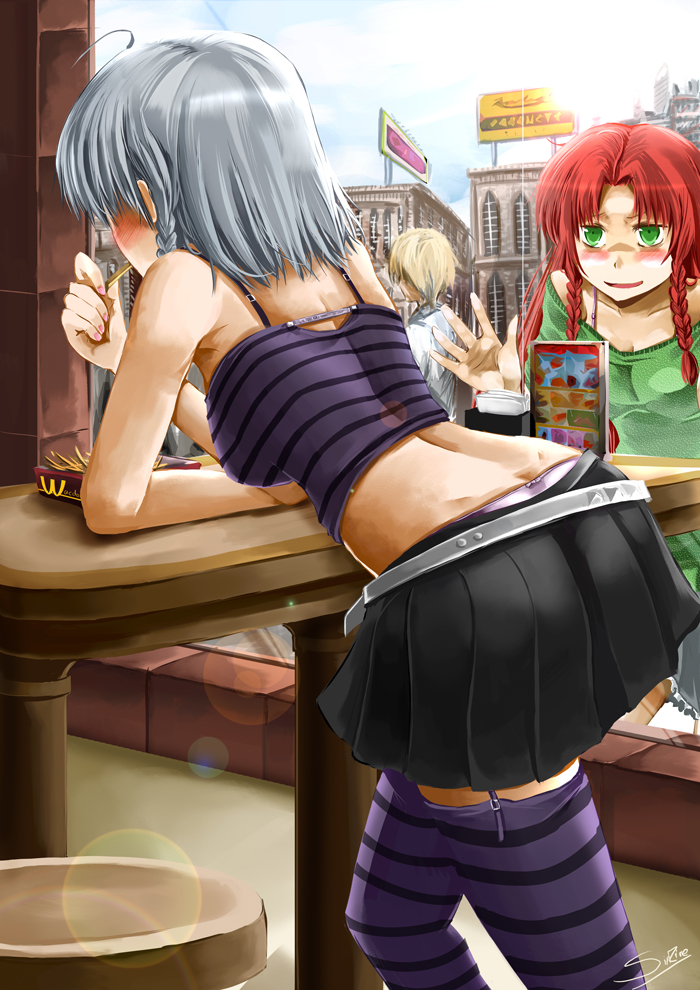 sinzire, hong meiling, izayoi sakuya, mcdonald's, touhou, silver hair, striped legwear, 2girls, against glass, alternate costume, ass, back, bent over, blush, braid, butt crack, casual, contemporary, downpants, eating, female focus, from behind, garter belt, garter straps, long hair, midriff, multiple girls, panties, panty slip, peeking, pleated skirt, rape face, short hair, skirt, stalking, striped clothes, striped thighhighs, tank top, thighhighs, twin braids, underwear, whale tail (clothing), zettai ryouiki