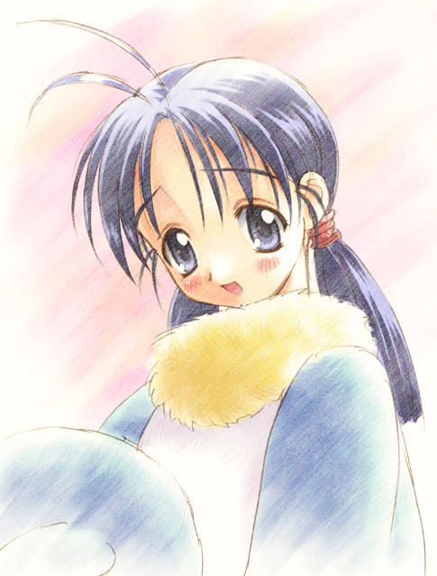 goto p, hinayama rio, to heart, to heart (series), 1girl, animal costume, antenna hair, blue eyes, blue hair, looking at viewer, low twintails, medium hair, open mouth, penguin costume, smile, solo, twintails, upper body