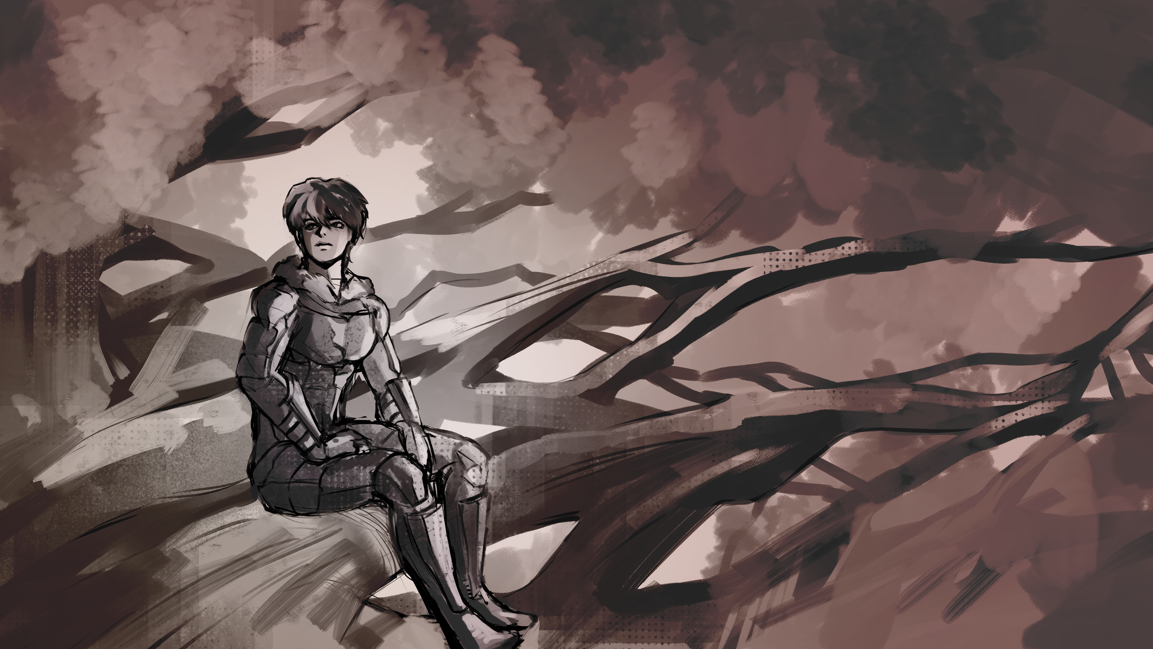sunny (shadow slave), shadow slave, absurdres, highres, 1boy, black hair, branch, brown theme, expressionless, full body, hands on own legs, limited palette, looking to the side, male focus, short hair, sitting, sitting on branch, solo, t0ruuu, tree