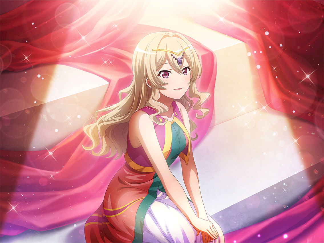 saijou claudine, shoujo kageki revue starlight, shoujo kageki revue starlight -re live-, game cg, official art, 1girl, brown hair, dress, hair between eyes, headpiece, long hair, looking at viewer, parted lips, pink dress, purple eyes, purple vest, sidelocks, sitting, sleeveless, sleeveless dress, smile, solo, spotlight, stairs, upper body, vest, wavy hair