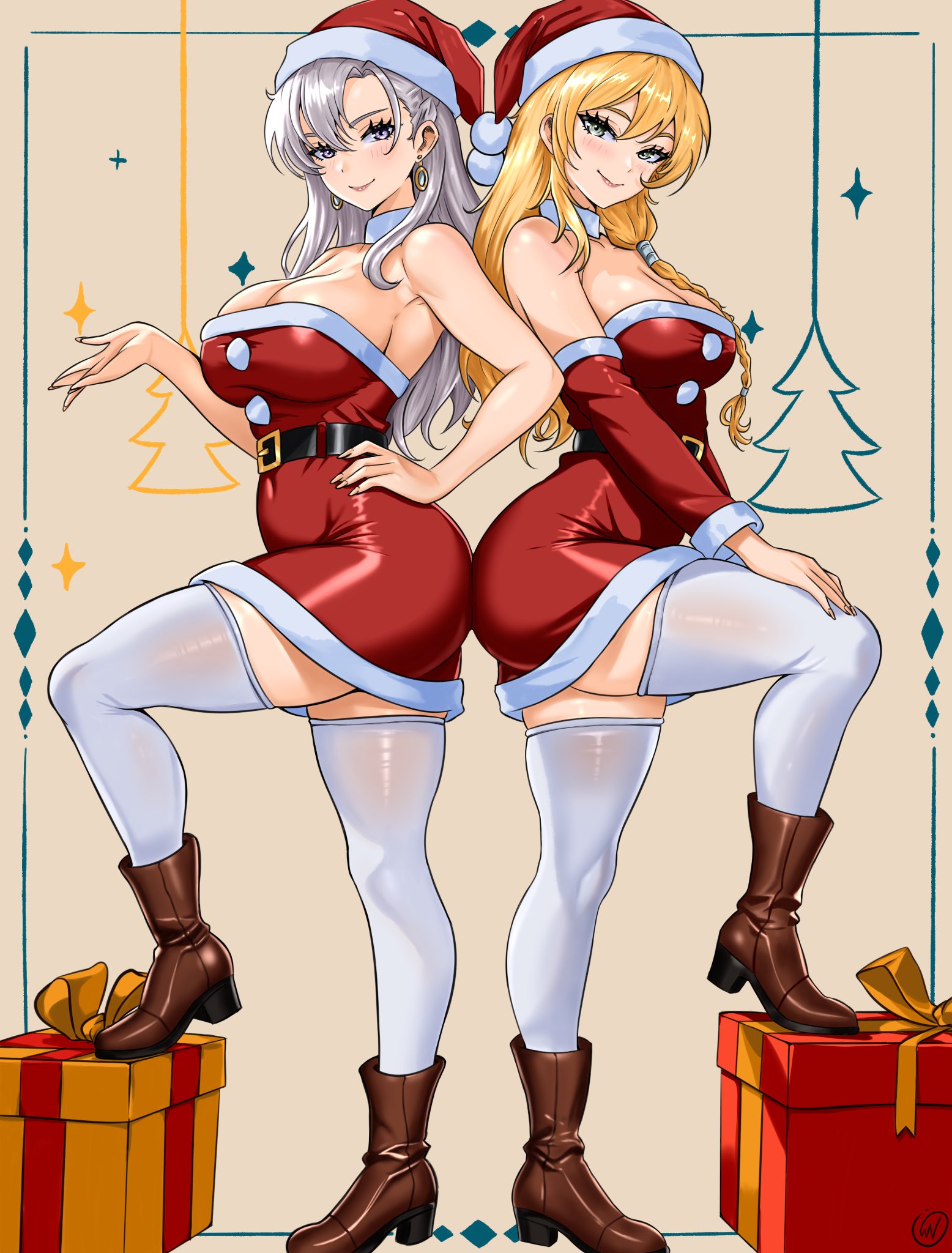 waifuviolenta, arianrhod (eiyuu densetsu), aurelia le guin, ao no kiseki, eiyuu densetsu, sen no kiseki (series), highres, 2girls, blonde hair, boots, breasts, brown boots, christmas present, cleavage, curtained hair, dress, gift, hat, light smile, long hair, multiple girls, muscular, muscular female, santa costume, santa dress, santa hat, simple background, thighhighs, thighs, white hair