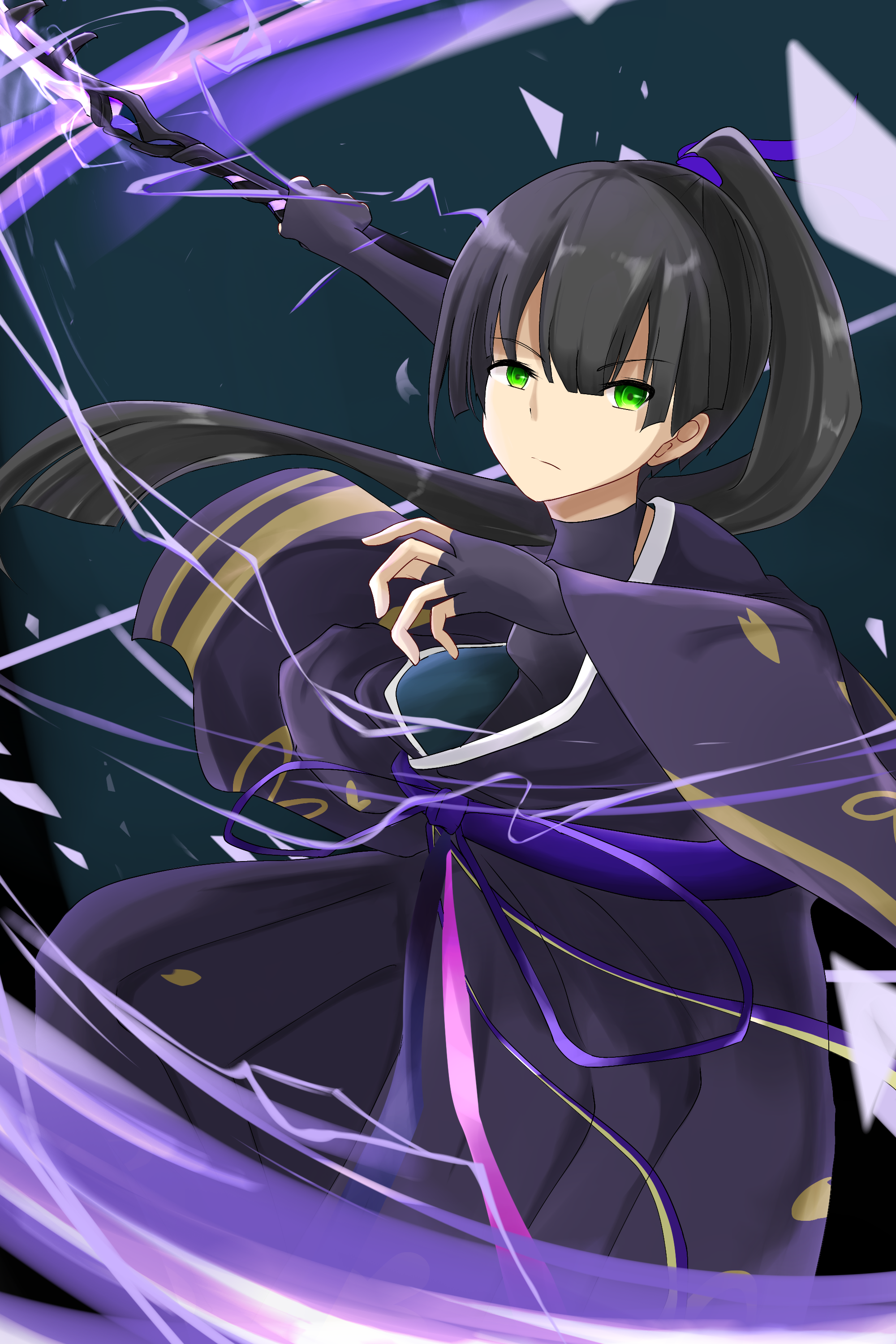 schweib, natsume inori, heaven burns red, absurdres, commentary, highres, black hair, black kimono, fingerless gloves, gloves, green eyes, holding, holding weapon, japanese clothes, kimono, ponytail, weapon