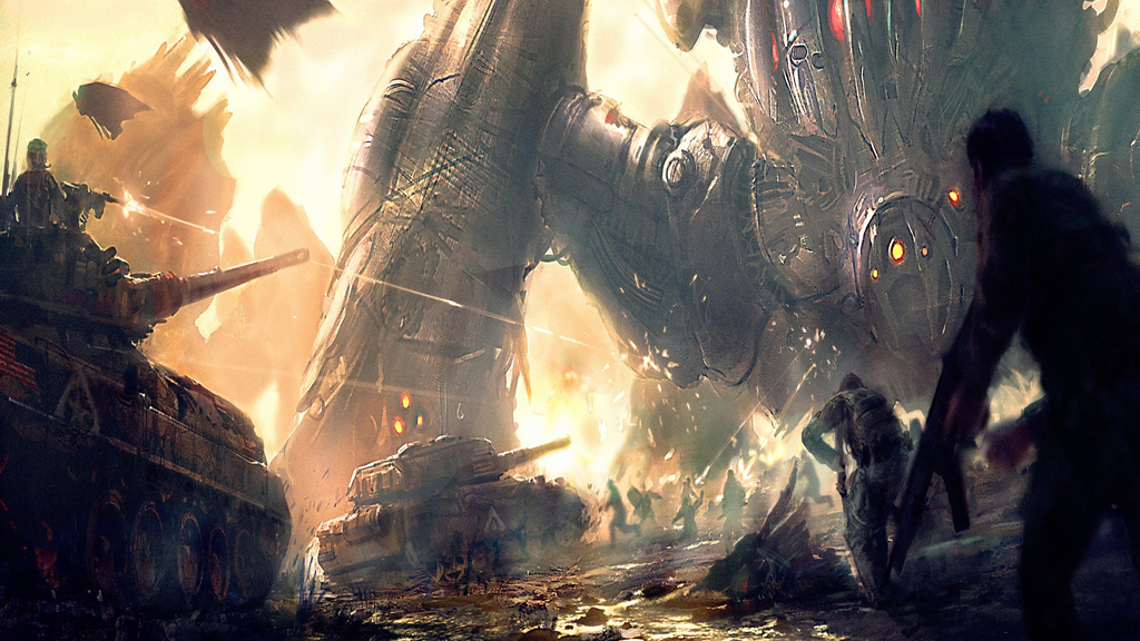 xxtheeternalxx, original, vehicle, 6+boys, battle, caterpillar tracks, firing, male focus, mecha, military, military vehicle, motor vehicle, multiple boys, robot, soldier, tank, war