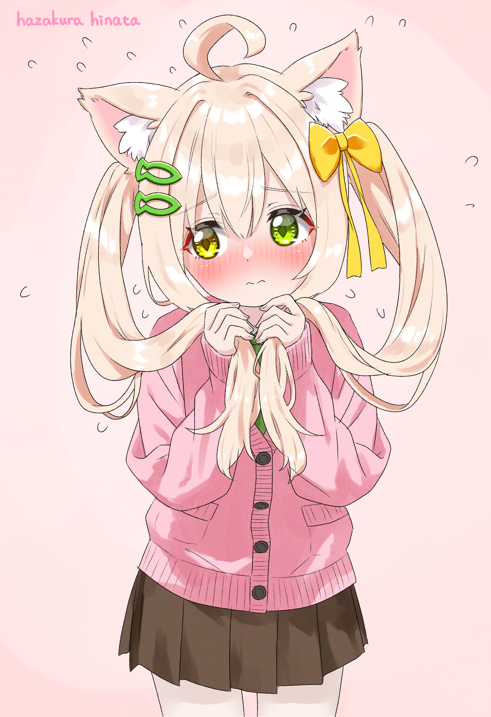 hazakura hinata, kurumi (hazakura hinata), original, commentary request, highres, 1girl, ahoge, animal ear fluff, animal ears, artist name, blush, bow, brown skirt, cardigan, cat ears, closed mouth, fish hair ornament, flying sweatdrops, green eyes, hair bow, hair ornament, hairclip, heterochromia, long hair, long sleeves, pleated skirt, sidelocks, skirt, solo, twintails, yellow bow, yellow eyes