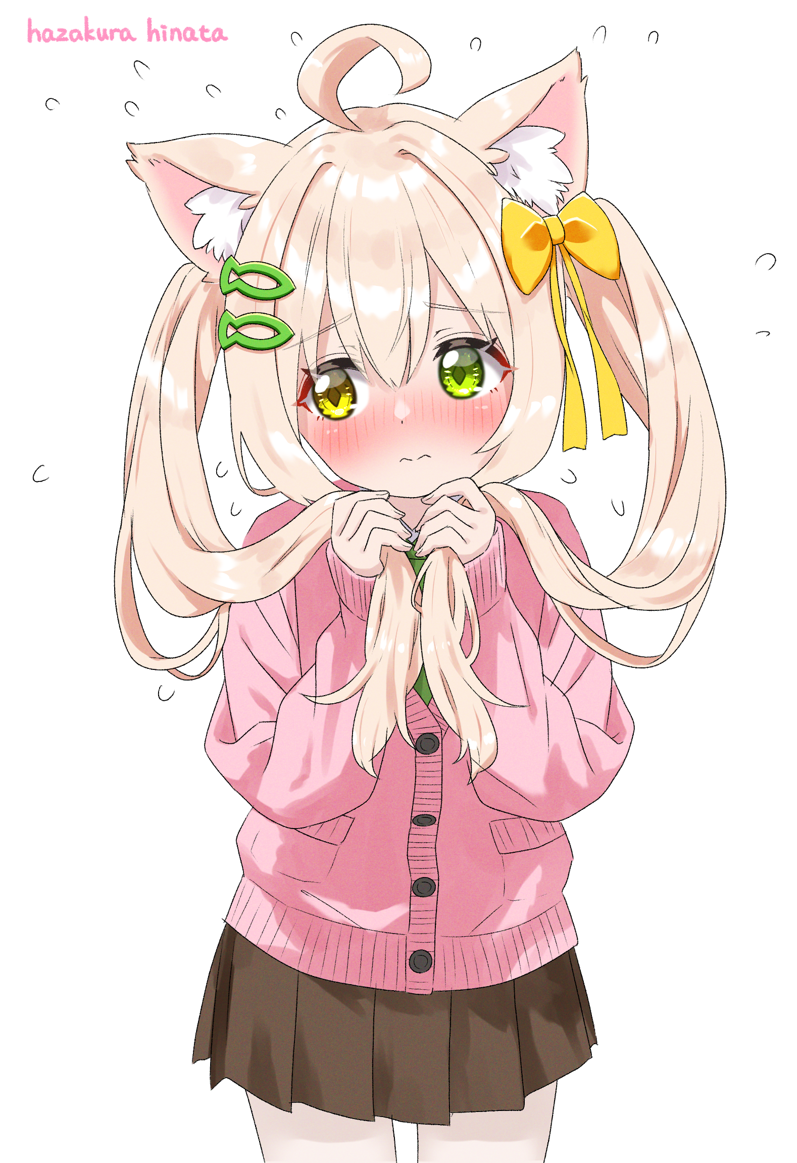 hazakura hinata, kurumi (hazakura hinata), original, commentary request, highres, 1girl, ahoge, animal ear fluff, animal ears, artist name, blush, bow, brown skirt, cardigan, cat ears, closed mouth, fish hair ornament, green eyes, hair bow, hair ornament, heterochromia, long hair, long sleeves, pleated skirt, simple background, skirt, solo, twintails, white background, yellow bow, yellow eyes