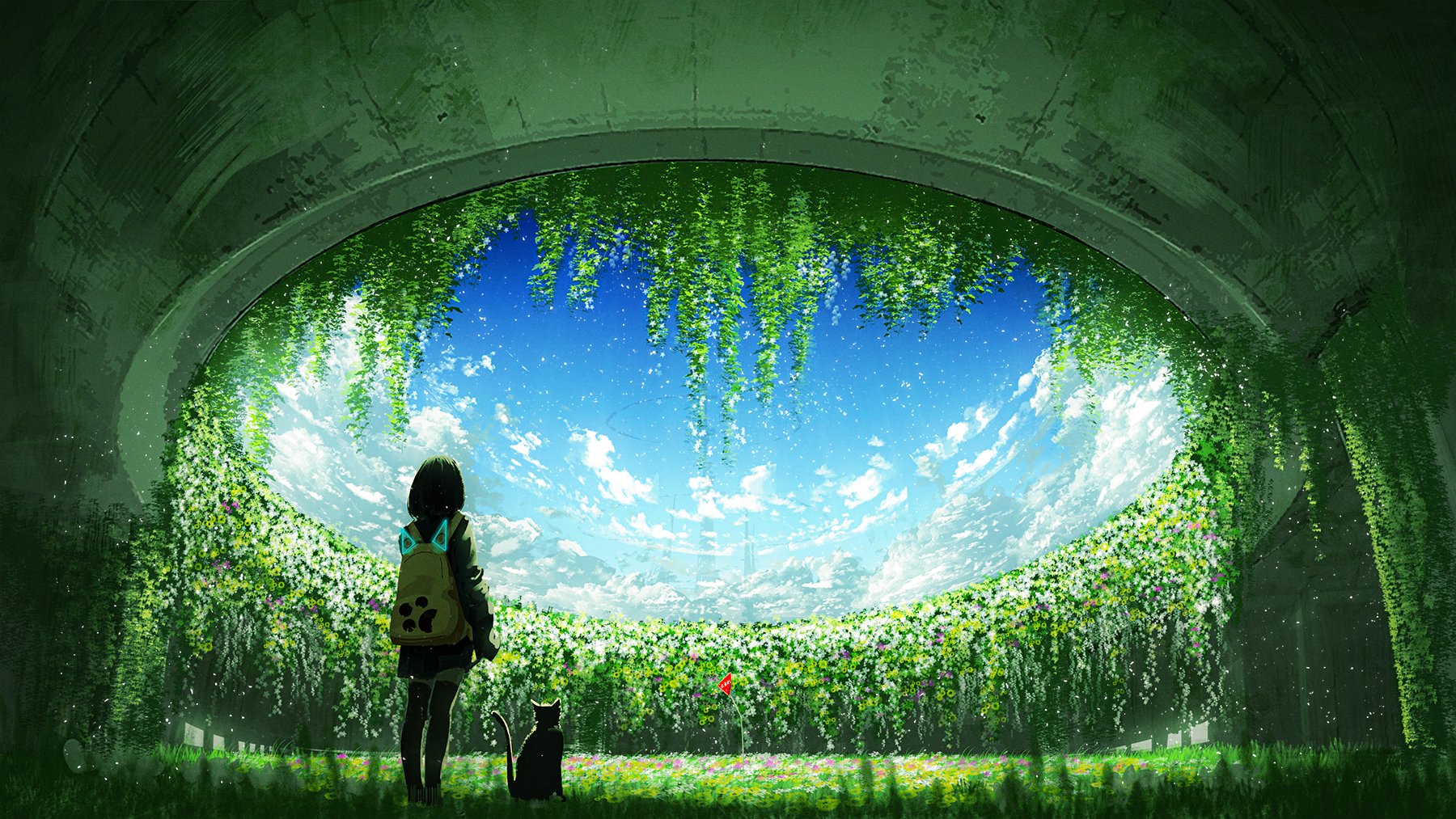 chooco (chocoshi), original, hashtag-only commentary, highres, 1girl, animal, backpack, bag, black cat, blue sky, cat, cloud, cloudy sky, concrete, day, facing away, flower, grass, light particles, medium hair, megastructure, nature, overgrown, plant, scenery, sky, standing, thighhighs, vines