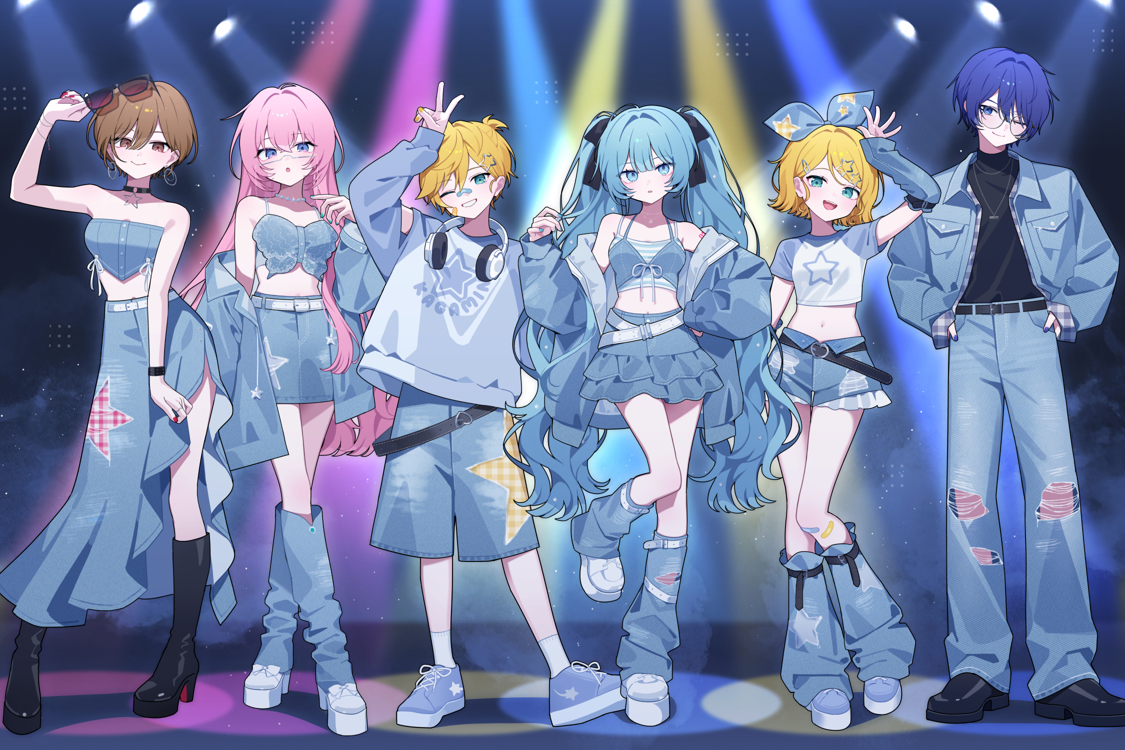 waka (wk4444), hatsune miku, kagamine len, kagamine rin, kaito (vocaloid), megurine luka, meiko (vocaloid), vocaloid, commentary request, highres, official art, 2boys, 4girls, :d, :o, ;), adjusting eyewear, arm up, bandaid, bandaid on face, bandaid on knee, bandaid on leg, bandaid on nose, bare shoulders, belt, black belt, black boots, black choker, black ribbon, black shirt, black shoes, blonde hair, blue boots, blue eyes, blue hair, blue jacket, blue leg warmers, blue ribbon, blue shirt, blue shoes, blue shorts, blue skirt, blue tube top, boots, bracelet, breasts, brown eyes, brown hair, choker, closed mouth, denim, eyewear on head, full body, glasses, hair ribbon, hand on eyewear, hands on own hips, jacket, jeans, jewelry, leg warmers, long hair, long skirt, long sleeves, looking at viewer, medium breasts, midriff, multiple boys, multiple girls, nail polish, navel, o-ring, o-ring choker, off shoulder, one eye closed, open clothes, open jacket, open mouth, pants, pink hair, platform boots, purple hair, red nails, ribbon, shirt, shoes, short hair, shorts, skirt, smile, sneakers, socks, spaghetti strap, stage, standing, standing on one leg, strapless, sunglasses, torn clothes, torn pants, tube top, turtleneck, turtleneck shirt, twintails, v, white belt, white socks