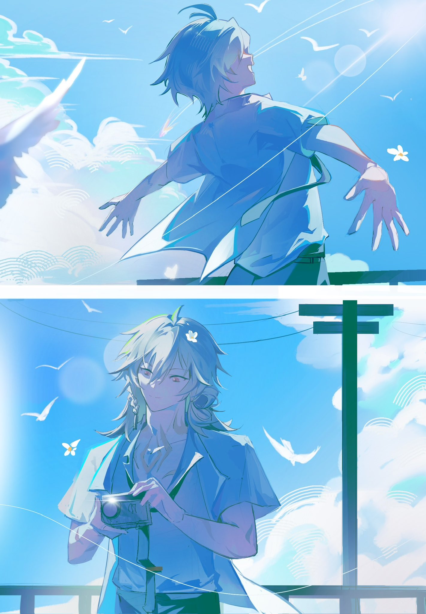 mydei (honkai: star rail), phainon (honkai: star rail), honkai: star rail, honkai (series), hashtag-only commentary, highres, 2boys, antenna hair, arm tattoo, bird, black necktie, blonde hair, blue sky, braid, camera, chest tattoo, collared shirt, facial tattoo, gradient hair, holding, holding camera, male focus, medium hair, multicolored hair, multiple boys, necktie, red hair, red tattoo, saninoring, school uniform, shirt, short hair, side braid, sky, taking picture, tattoo, white hair, white shirt, yellow eyes