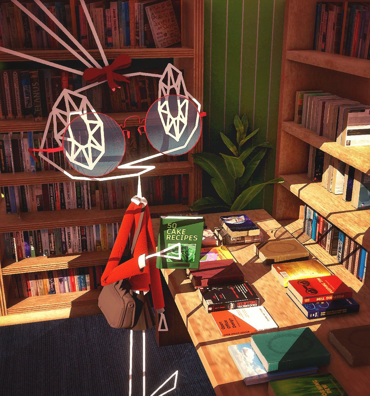 p.carredo, vibri (vib-ribbon), vib-ribbon, commentary, english commentary, highres, 1girl, 3d, animal ears, bag, black skirt, book, bookshelf, bow, glasses, holding, holding book, indoors, library, plant, potted plant, rabbit ears, red-framed eyewear, red bow, round eyewear, skirt, solo, stick figure, table, window shadow, wireframe