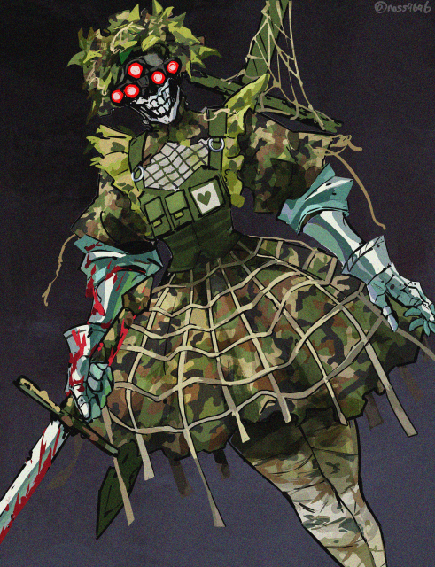 nass9696, original, 1girl, blood, blood on armor, bloody weapon, camouflage dress, camouflage netting, dress, feet out of frame, frilled dress, frills, gauntlets, heart, holding, holding sword, holding weapon, magical girl, night vision device, signature, skull, sword, sword on back, weapon, weapon on back