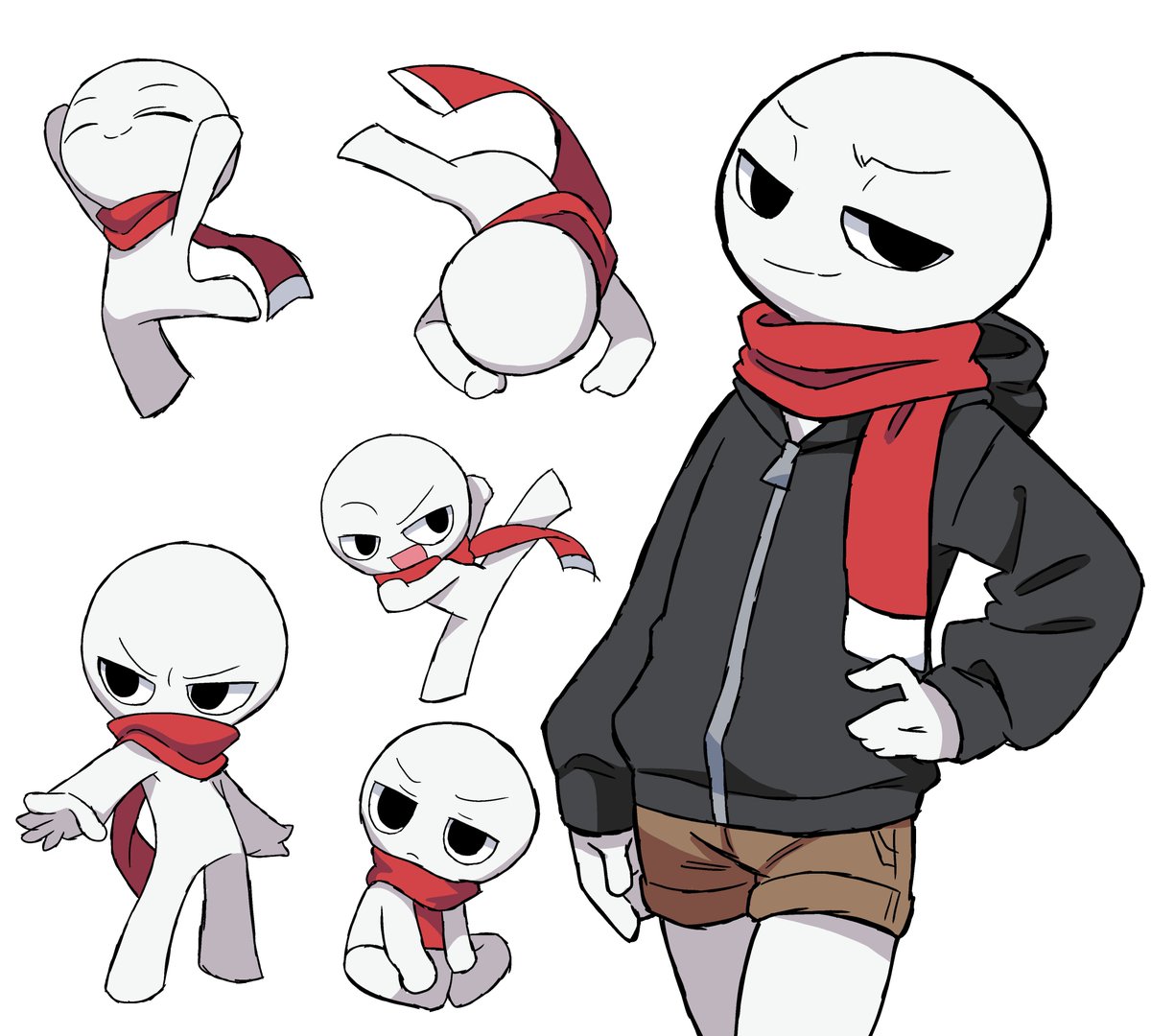original, commentary request, 1other, altair20, black jacket, brown shorts, chibi, closed eyes, colored skin, half-closed eyes, hand on own hip, hood, hood down, jacket, kicking, no nose, open mouth, other focus, raised eyebrow, red scarf, scarf, short shorts, shorts, simple background, sitting, smile, solo, standing, standing on one leg, v-shaped eyebrows, white background, white skin, zipper, zipper pull tab