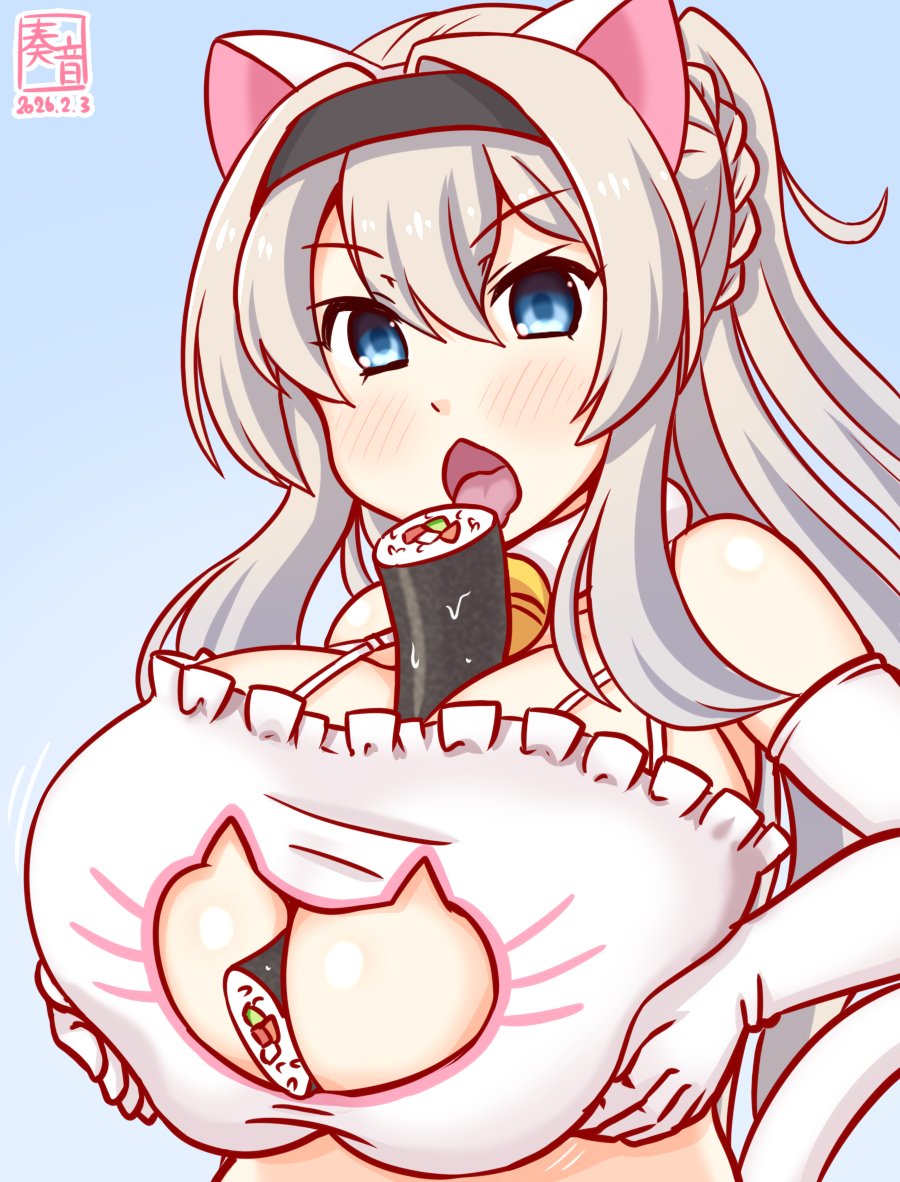 kanon (kurogane knights), glorious (kancolle), kantai collection, commentary request, 1girl, animal ears, artist logo, between breasts, blue background, blue eyes, bra, braid, breasts, cat cutout, cat ears, cat lingerie, cat tail, cleavage, cleavage cutout, clothing cutout, dated, elbow gloves, food, frilled bra, frills, gloves, grey hair, half up braid, large breasts, licking, logo, makizushi, one-hour drawing challenge, solo, sushi, tail, underwear, upper body, white bra, white gloves