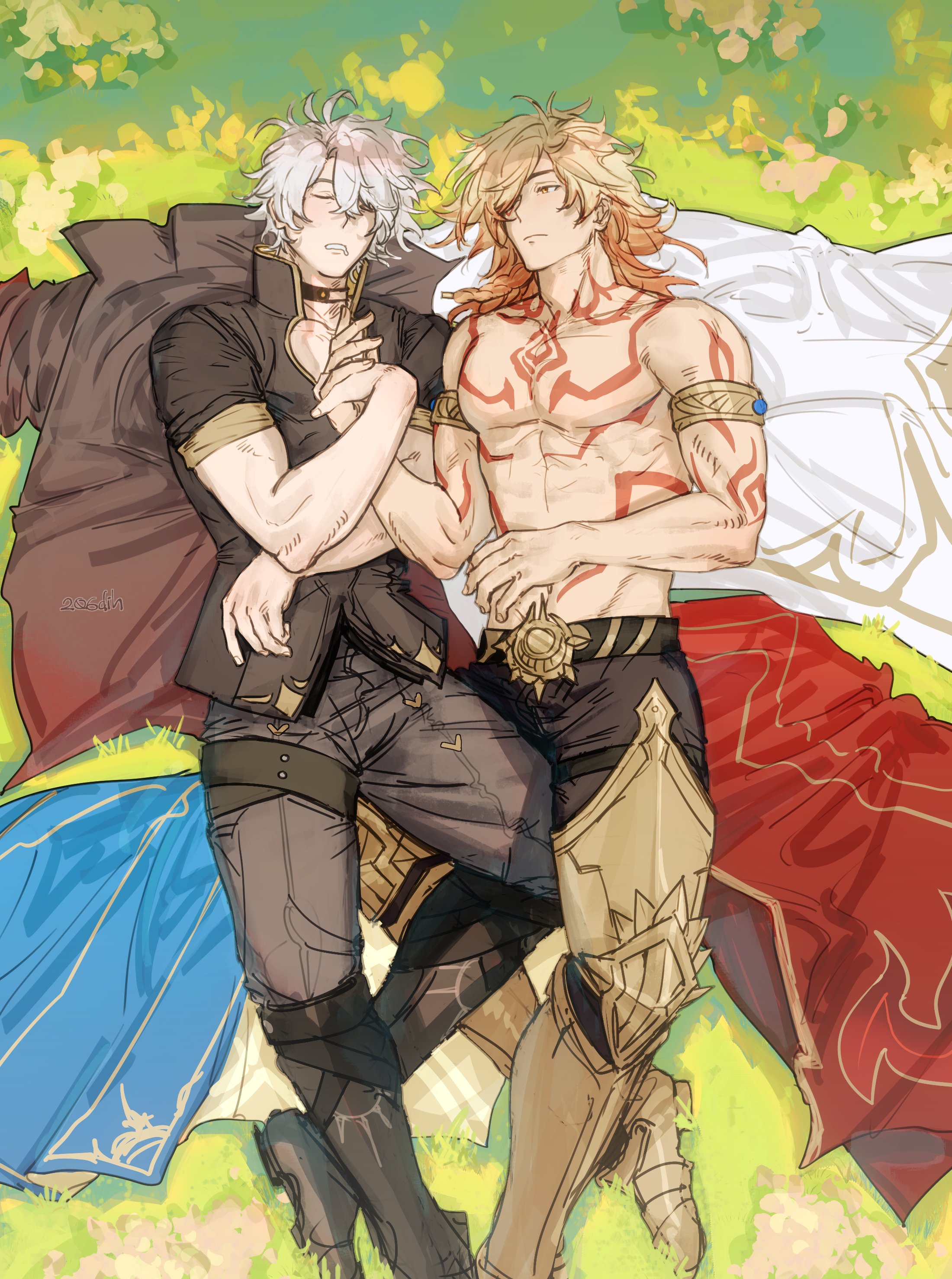 mydei (honkai: star rail), phainon (honkai: star rail), honkai: star rail, honkai (series), absurdres, commentary, english commentary, highres, 206dih, 2boys, antenna hair, arm tattoo, armlet, armored boots, black choker, black pants, black shirt, blonde hair, blue cape, boots, braid, cape, chest tattoo, choker, closed eyes, drooling, facial tattoo, gradient hair, jewelry, lying, male focus, medium hair, multicolored hair, multiple boys, on back, pants, parted bangs, red cape, red hair, red tattoo, shirt, short hair, short sleeves, side braid, sleeping, tattoo, unworn cape, white hair, yaoi, yellow eyes