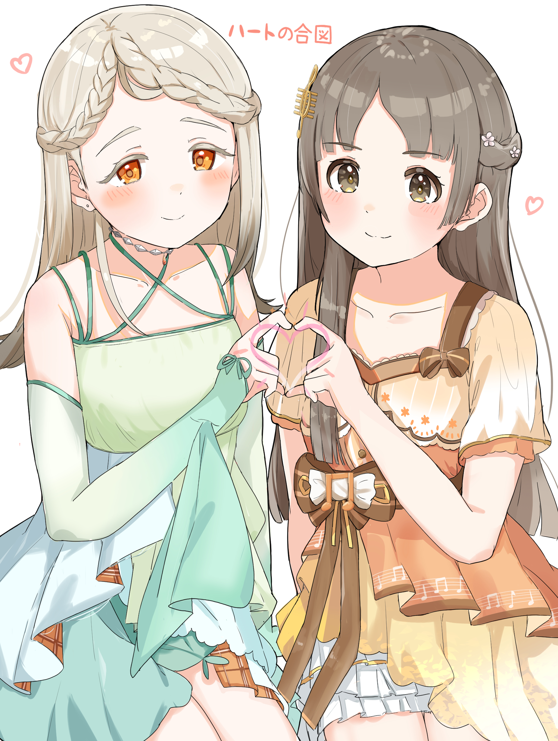 raichita, kuramoto china, shinosawa hiro, gakuen idolmaster, idolmaster, absurdres, commentary request, highres, translation request, blonde hair, blunt ends, blush, bow, braid, braided bangs, breasts, brown bow, brown dress, brown eyes, brown hair, closed mouth, collarbone, colored eyelashes, cowboy shot, criss-cross halter, crown braid, detached sleeves, dress, dress bow, earrings, flipped hair, gradient hair, green sleeves, grey hair, half updo, halter dress, halterneck, hand up, heart, heart hands, heart hands duo, heart in heart hands, jewelry, koukei (idolmaster), layered dress, long hair, looking at viewer, multicolored hair, necklace, orange eyes, parted bangs, short dress, short sleeves, sitting, small breasts, smile, split mouth, stud earrings, white background