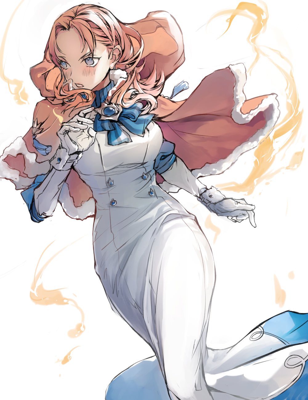 zat 296, annette fantine dominic, annette fantine dominic (timeskip), fire emblem, fire emblem: three houses, nintendo, commentary request, highres, 1girl, blue eyes, breasts, brooch, capelet, floating hair, fur-trimmed capelet, fur trim, gloves, jewelry, long hair, medium breasts, orange capelet, orange hair, solo, white gloves