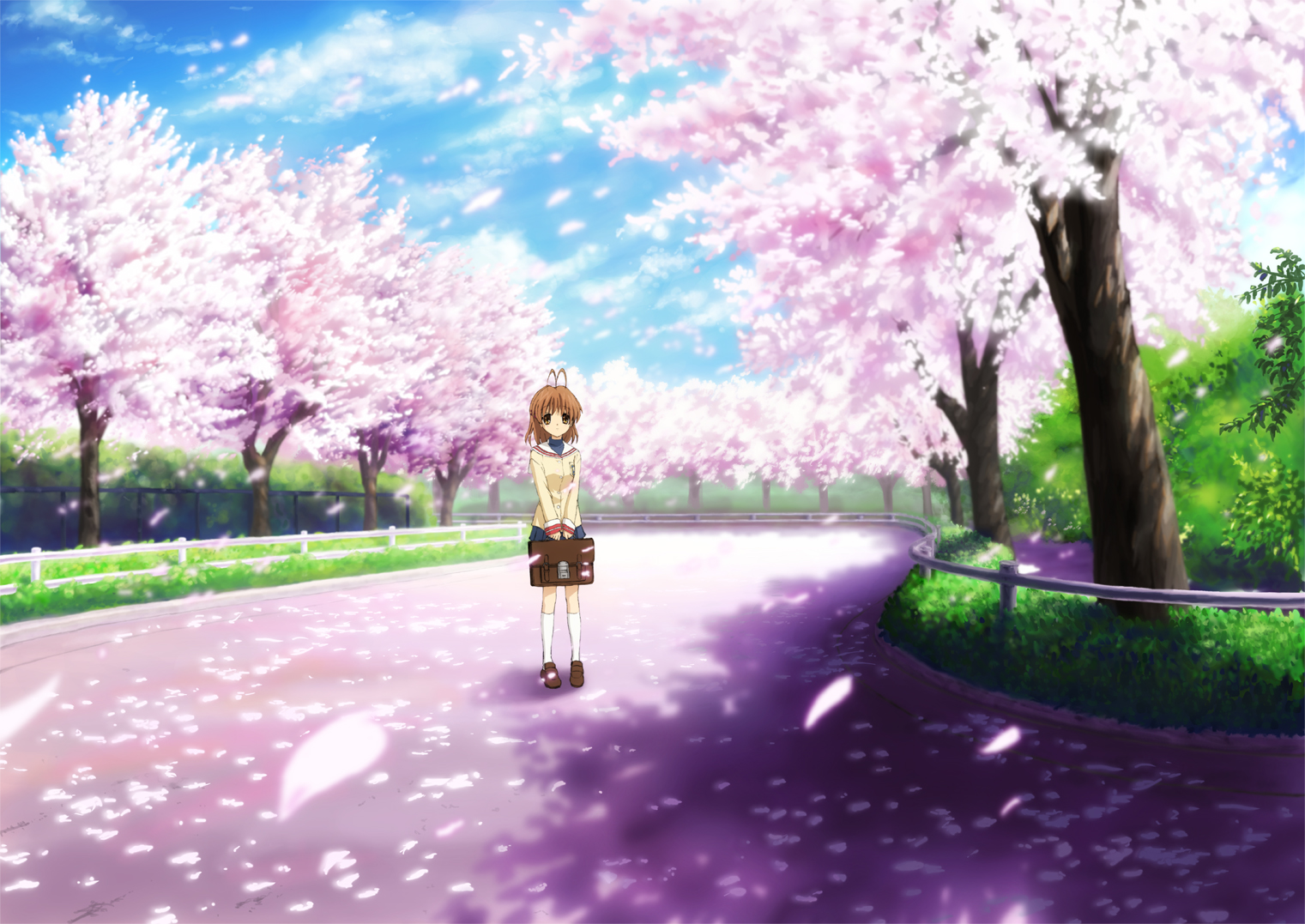 shuushuu, furukawa nagisa, clannad, bad id, bad pixiv id, 00s, bag, cherry blossoms, petals, road, school uniform, solo, tree