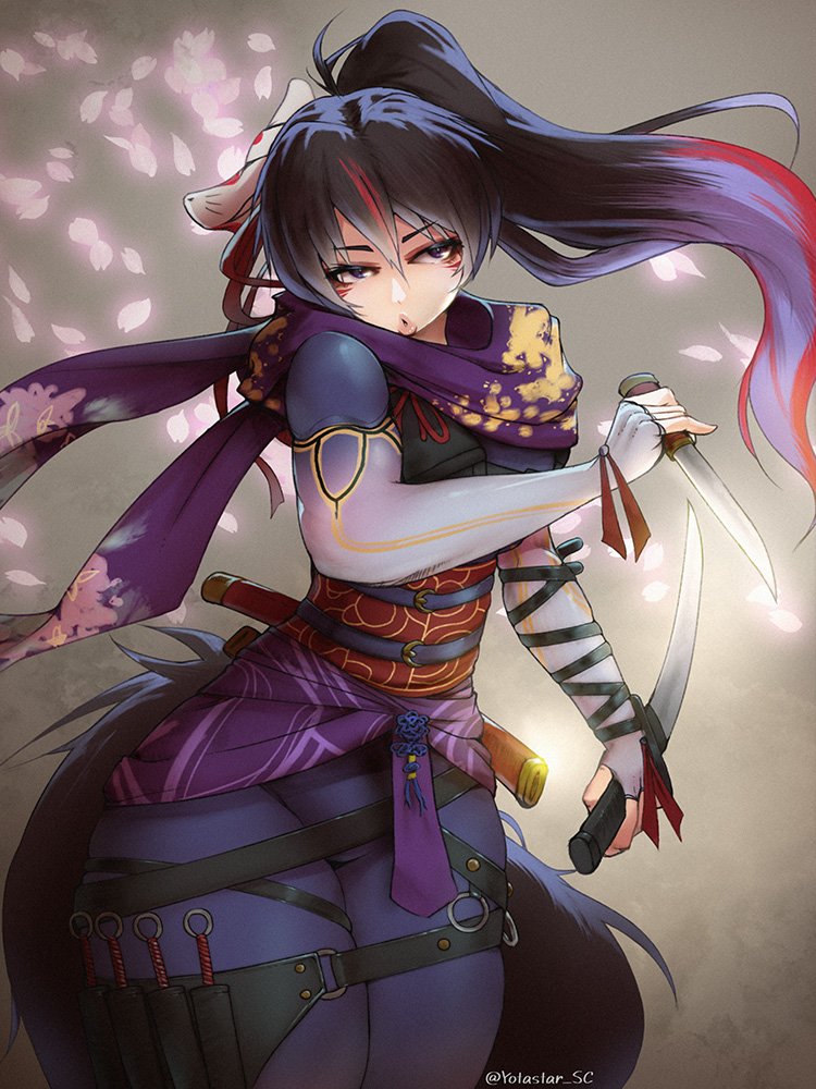 yotastar, kunimitsu ii, tekken, tekken 7, commentary request, 1girl, black hair, black pantyhose, cowboy shot, dual wielding, facial mark, high ponytail, holding, holding knife, knife, long hair, multicolored hair, ninja, pantyhose, petals, pink petals, ponytail, purple hair, red hair, short sword, solo, streaked hair, sword, tantou, thick thighs, thighs, weapon
