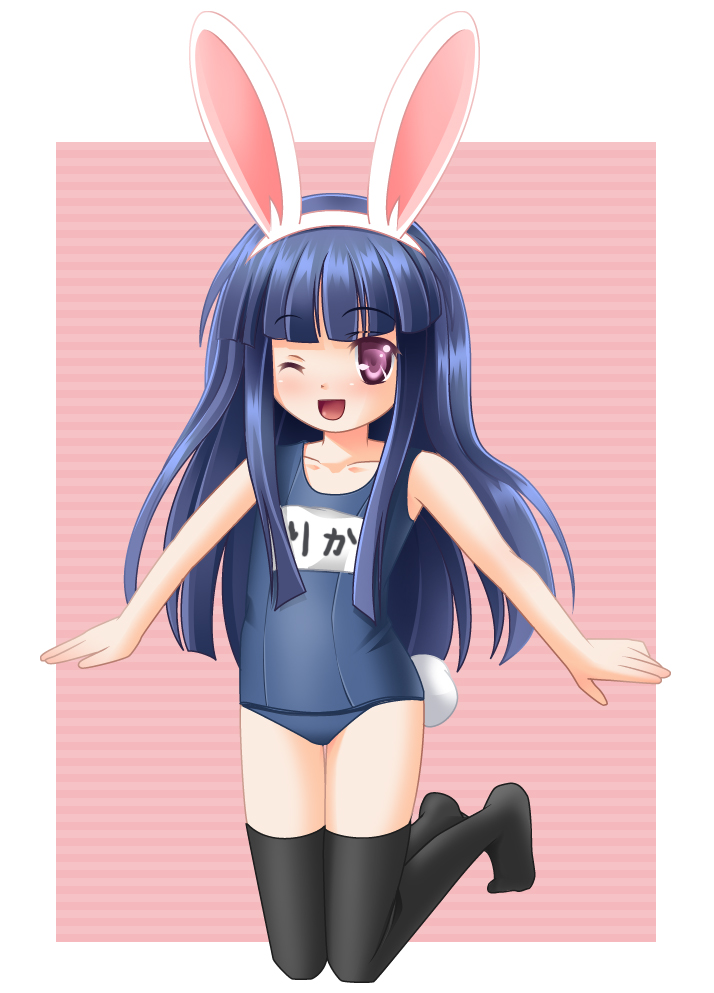 ikuzaemon, furude rika, higurashi no naku koro ni, bad id, bad pixiv id, 1girl, animal ears, blue hair, collarbone, fake animal ears, female focus, full body, hime cut, kneeling, long hair, name tag, one-piece swimsuit, one eye closed, open mouth, purple eyes, rabbit ears, rabbit tail, school swimsuit, simple background, solo, swimsuit, tail, thighhighs, wink
