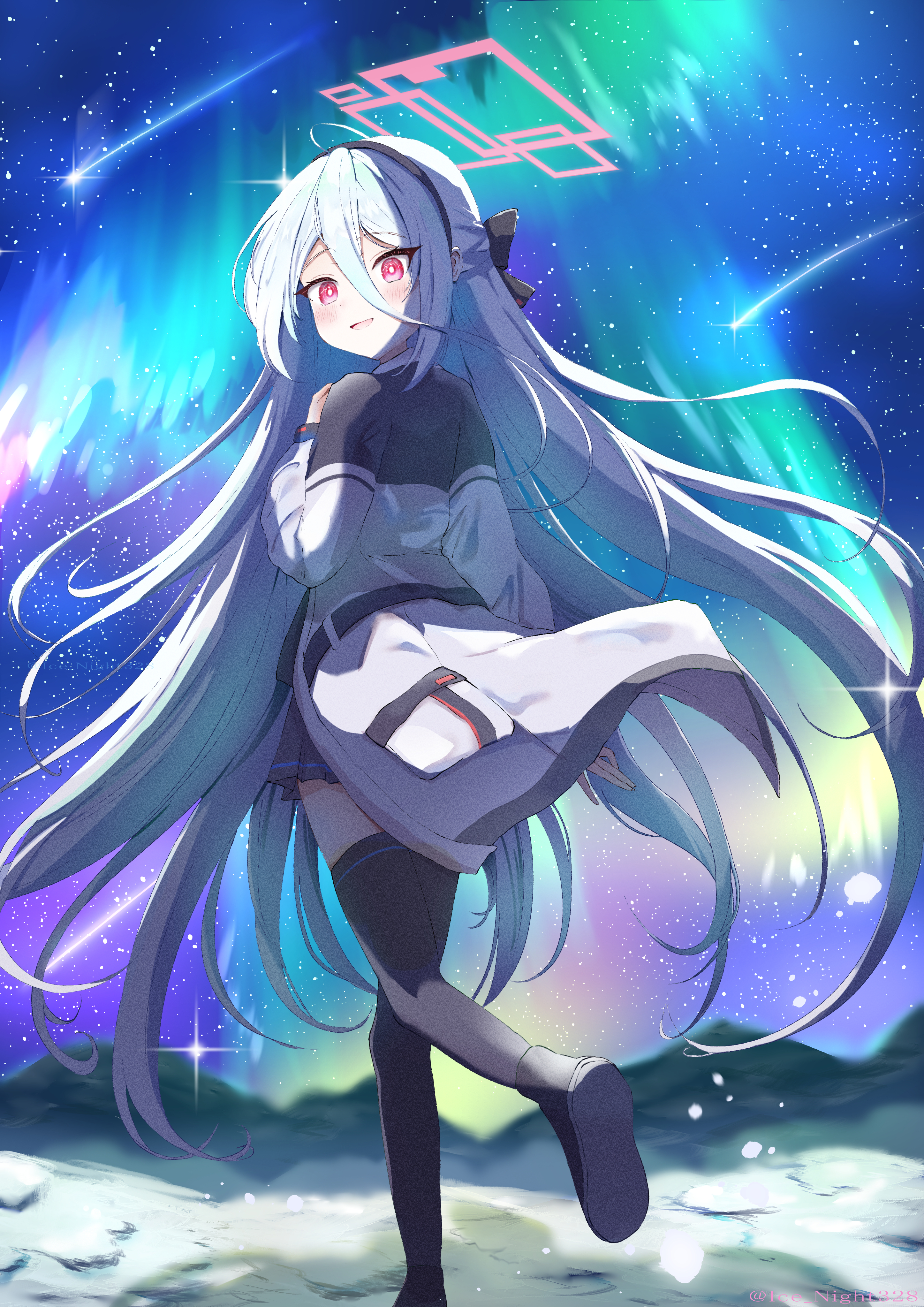 kei (blue archive), kei (new body) (blue archive), blue archive, absurdres, commentary request, highres, 1girl, :d, aurora, backlighting, black bow, black hairband, black skirt, black thighhighs, blush, bow, bright pupils, double-parted bangs, film grain, floating hair, full body, hair between eyes, hair bow, hairband, half updo, halo, hand up, happy, ice night328, jacket, long hair, long hair between eyes, long sleeves, looking at viewer, looking back, miniskirt, night, open clothes, open jacket, open mouth, outdoors, pink halo, pleated skirt, rectangular halo, red eyes, school uniform, shooting star, sidelocks, skirt, smile, solo, standing, standing on one leg, thighhighs, twitter username, very long hair, white hair, white jacket, white pupils, zettai ryouiki