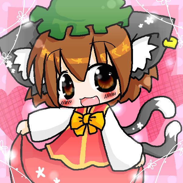 annyui, chen, touhou, 1girl, animal ears, blush, brown eyes, brown hair, cat ears, cat girl, cat tail, chibi, earrings, female focus, hat, jewelry, multiple tails, skirt, solo, tail