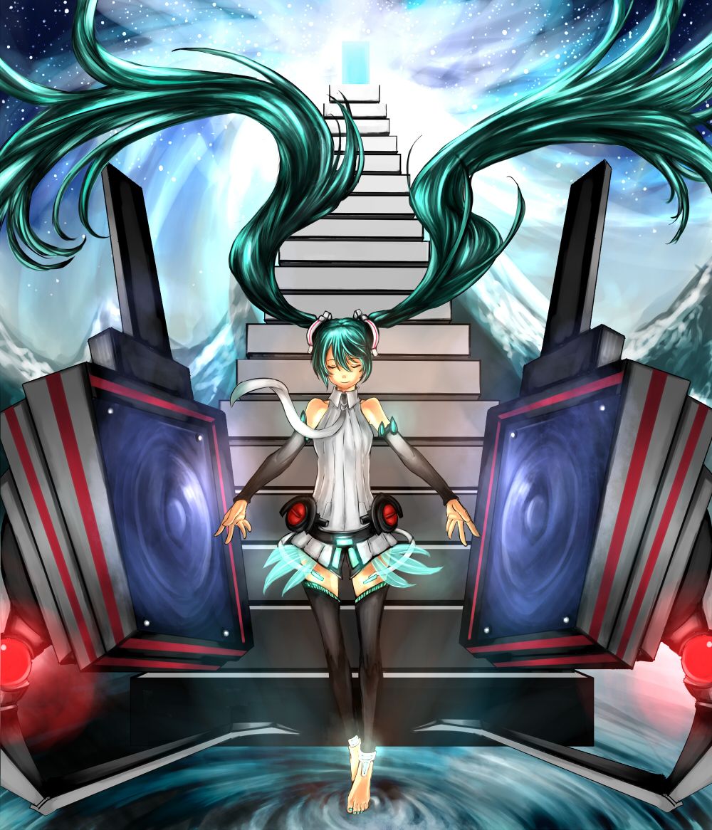 eiji (eiji), hatsune miku, hatsune miku (append), vocaloid, vocaloid append, 1girl, anti-gravity, barefoot, black thighhighs, closed eyes, female focus, floating, footless tights, gravity, green hair, legs, long hair, necktie, solo, speaker, stairs, thighhighs, toeless legwear, twintails, very long hair