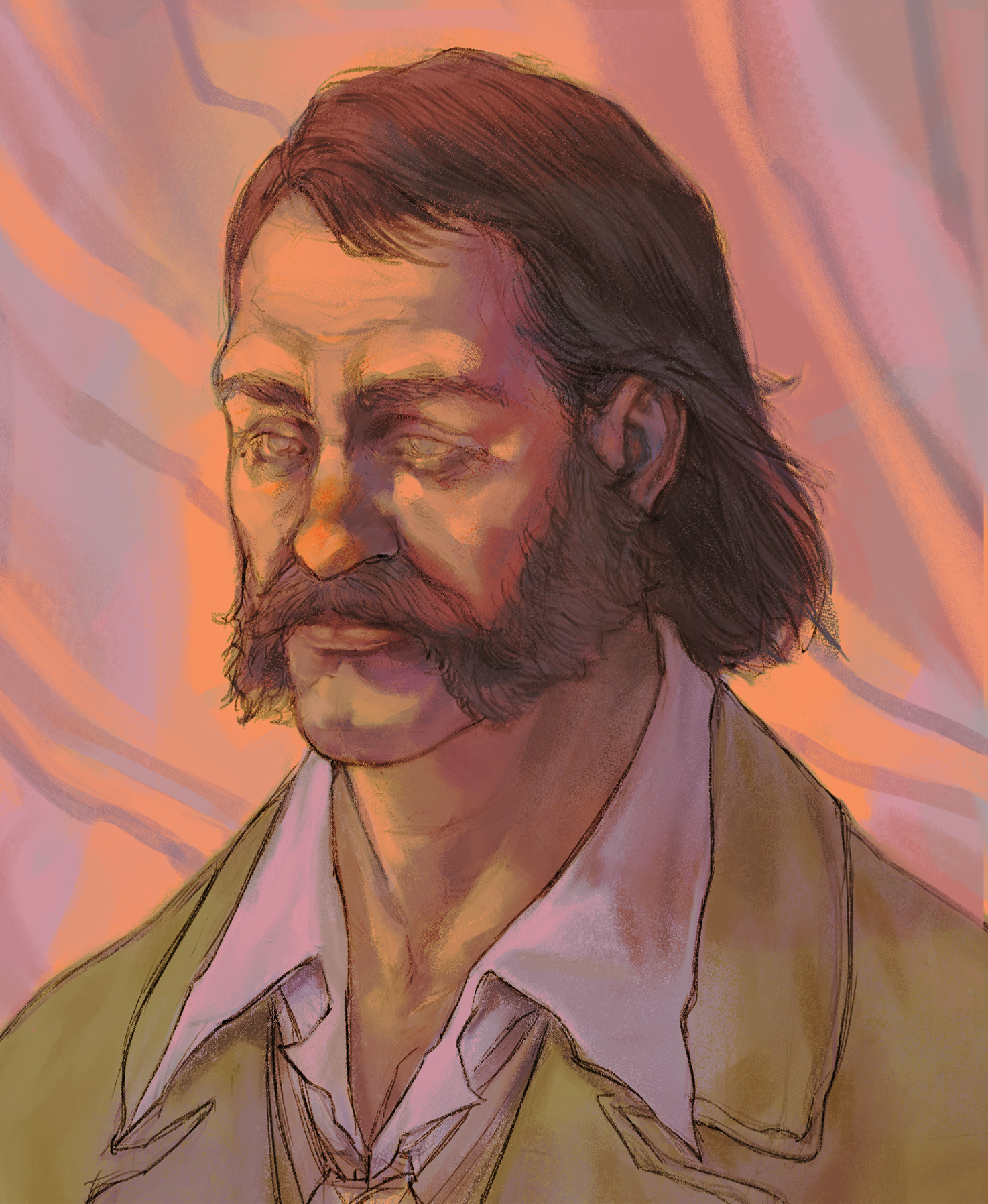 thatuglymeme, harry du bois, disco elysium, highres, 1boy, blank stare, collared shirt, facial hair, green jacket, grey eyes, hair slicked back, jacket, looking to the side, male focus, mullet, mutton chops, necktie, shirt, solo, upper body, white shirt