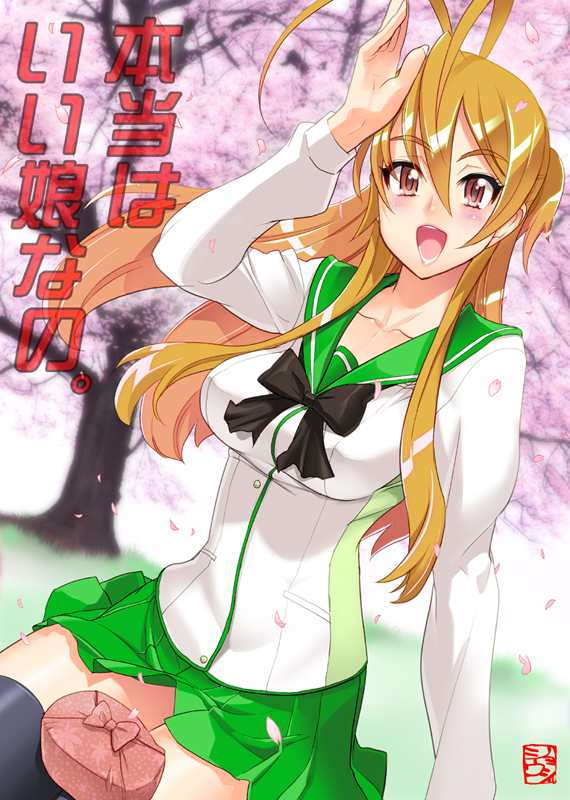 satou shouji, miyamoto rei, highschool of the dead, 1girl, antenna hair, bento, box, breasts, brown hair, cherry blossoms, female focus, large breasts, long hair, school uniform, serafuku, signature, skirt, solo, thighhighs