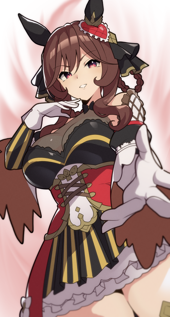 mituyota 76, gentildonna (regina dei fiori) (umamusume), gentildonna (umamusume), umamusume, commentary request, 1girl, animal ears, bare shoulders, braid, braided hair rings, breasts, brown hair, cleavage, corset, detached sleeves, dress, ear covers, ear ornament, gloves, hair between eyes, hair ornament, hair rings, heart-shaped ornament, heart ear ornament, horse ears, horse girl, large breasts, long hair, looking at viewer, outstretched arm, parted lips, reaching, reaching towards viewer, red corset, red eyes, see-through cleavage, see-through clothes, smile, solo, white gloves