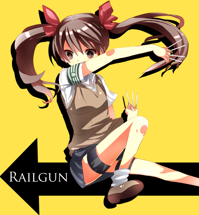 isuzu rio, meeji (isuzu rio), shirai kuroko, toaru kagaku no railgun, toaru majutsu no index, 1girl, brown eyes, brown hair, female focus, long hair, nail (hardware), school uniform, solo, sweater vest, thigh strap, twintails