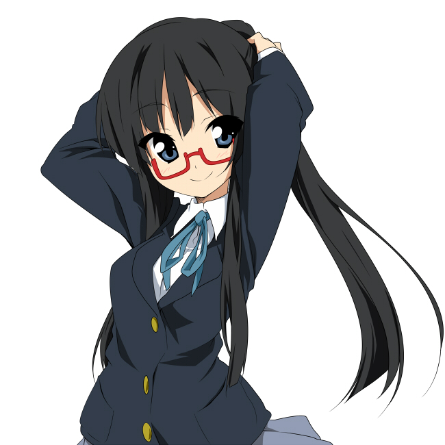 takeya yuuki, akiyama mio, k-on!, 1girl, adjusting hair, alternate hairstyle, bespectacled, black hair, blue eyes, female focus, glasses, hair up, long hair, ponytail, red-framed eyewear, school uniform, semi-rimless eyewear, smile, solo, under-rim eyewear