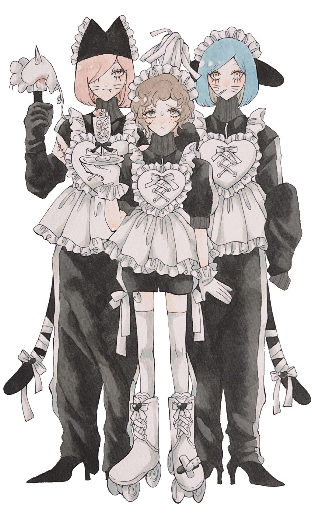 original, commentary request, highres, androgynous, apron, bandaged tail, blue hair, bob cut, brown hair, facial mark, freckles, frilled apron, frills, full body, knife, maid, maid headdress, odyk eee, pants, pink eyes, roller skates, shorts, simple background, skates, track pants, whisker markings, white background, yellow eyes