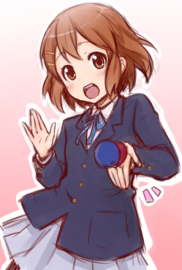 ha-ru, hirasawa yui, k-on!, 1girl, blazer, brown eyes, brown hair, castanets, female focus, instrument, jacket, open mouth, pantyhose, round teeth, school uniform, short hair, solo, teeth, un tan