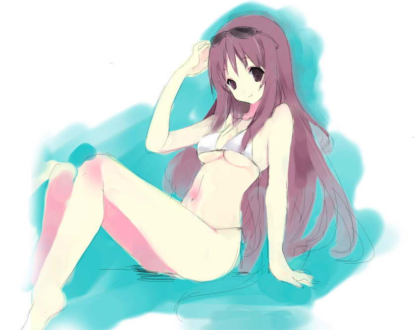 kogeneko, yamanaka sawako, k-on!, bad id, bad pixiv id, 1girl, arm support, bikini, breasts, brown eyes, eyewear on head, female focus, long hair, navel, sitting, solo, sunglasses, swimsuit, underboob