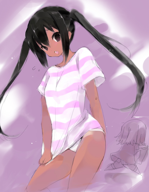 kogeneko, nakano azusa, tainaka ritsu, k-on!, bad id, bad pixiv id, 2girls, black hair, brown eyes, dark-skinned female, dark skin, flat chest, long hair, multiple girls, open mouth, panties, pants, pantyshot, shirt, striped clothes, striped shirt, tan, twintails, underwear