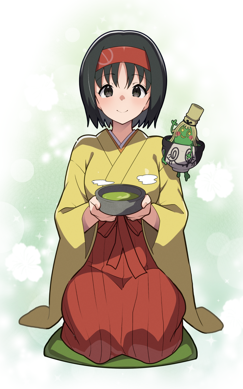 mituyota 76, erika (pokemon), sinistcha, nintendo, pokemon, pokemon frlg, commentary request, highres, 1girl, black hair, blush, breasts, brown eyes, closed mouth, cushion, hairband, hakama, hakama skirt, holding, japanese clothes, kimono, long sleeves, looking at viewer, pokemon (creature), red hairband, red hakama, seiza, short hair, sitting, skirt, smile, wide sleeves, yellow kimono, zabuton