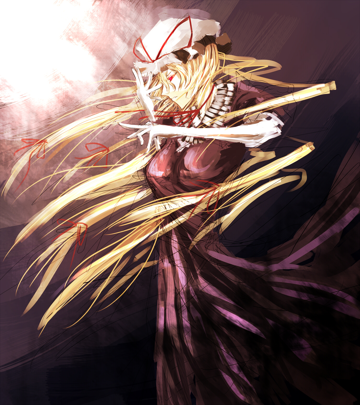 gigapocky, yakumo yukari, touhou, bad id, bad pixiv id, highres, 1girl, blonde hair, breasts, dress, female focus, hat, profile, sketch, solo