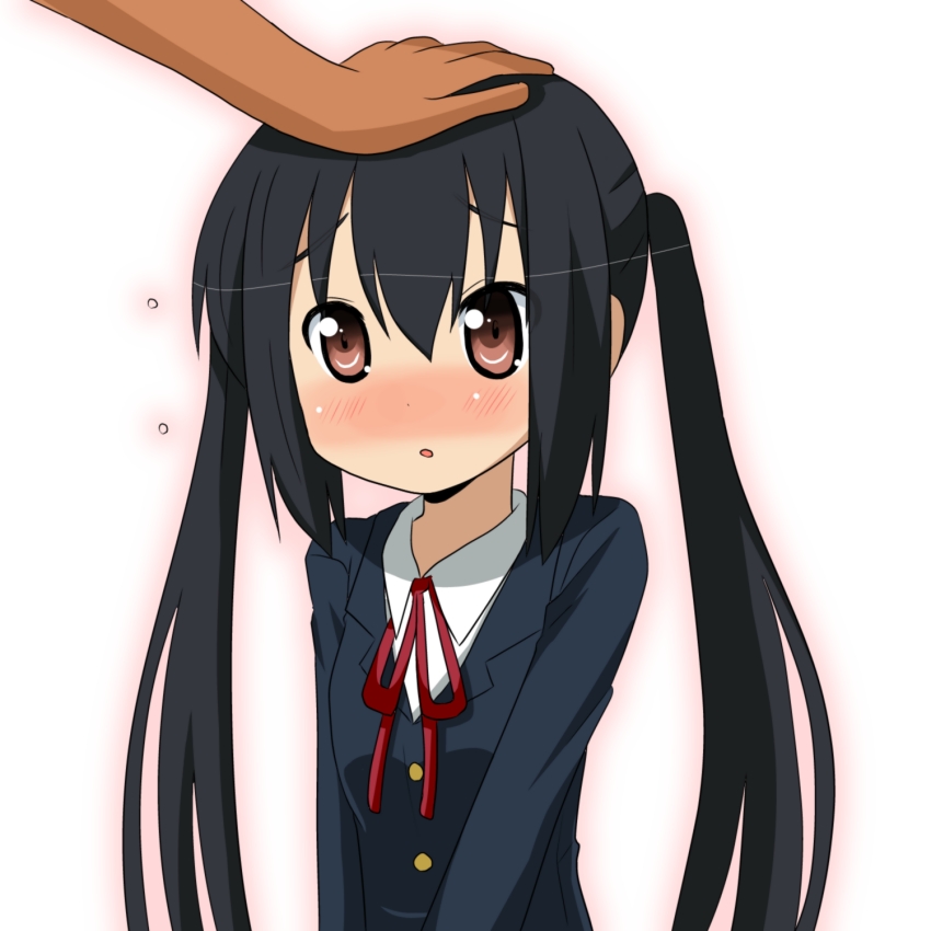 minami (colorful palette), nakano azusa, k-on!, 1girl, black hair, blazer, blush, brown eyes, head pat, headpat, jacket, neck ribbon, red ribbon, ribbon, school uniform, solo focus, twintails