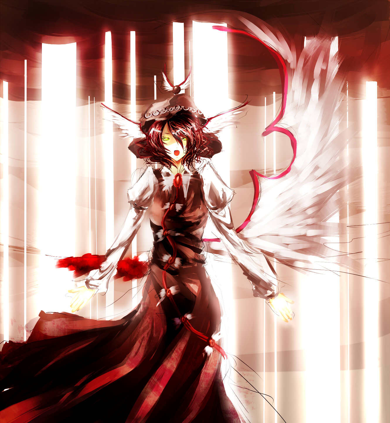 gigapocky, mystia lorelei, touhou, bad id, bad pixiv id, highres, 1girl, animal ears, female focus, green eyes, hat, open mouth, short hair, sketch, solo, standing