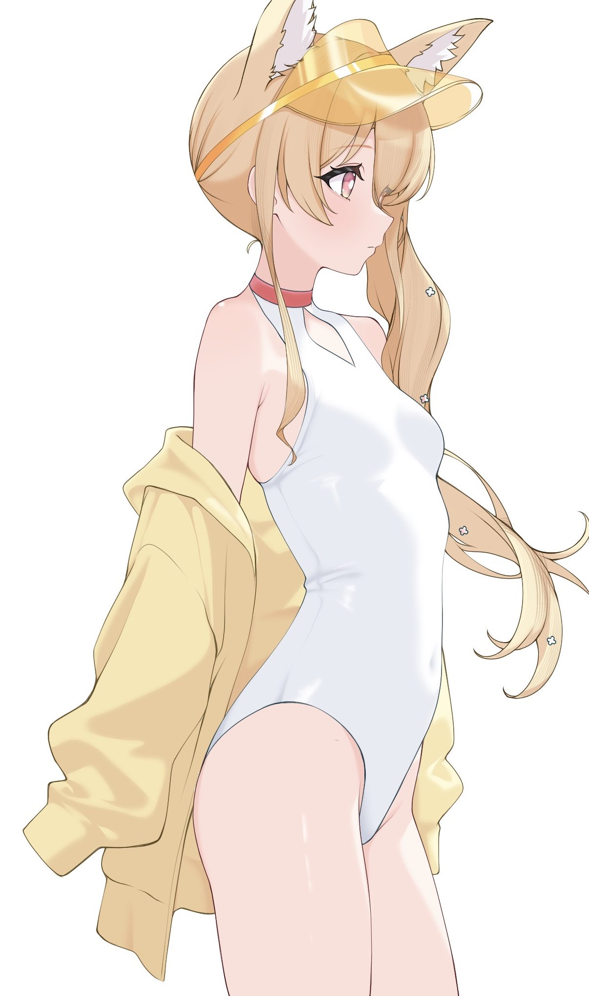 inami (x spidekawaii x), seia (blue archive), seia (swimsuit) (blue archive), blue archive, commentary request, highres, 1girl, animal ear fluff, animal ears, blonde hair, breasts, clothing cutout, covered navel, cowboy shot, cross halo, diamond cutout, fox ears, fox girl, fox tail, halo, highleg, highleg one-piece swimsuit, jacket, long hair, official alternate costume, official alternate hairstyle, one-piece swimsuit, orange eyes, side ponytail, simple background, small breasts, solo, standing, swimsuit, tail, visor cap, white background, white one-piece swimsuit, yellow halo, yellow jacket, yellow visor